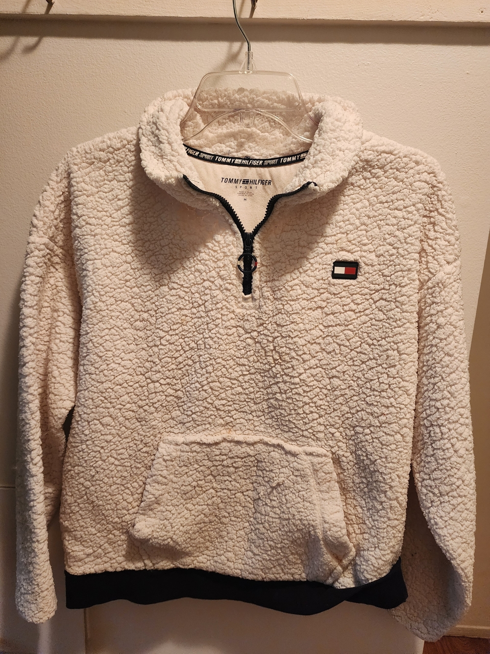 Tommy Hilfiger Men’s Cream Sherpa Half-Zip Pullover with Logo Patch